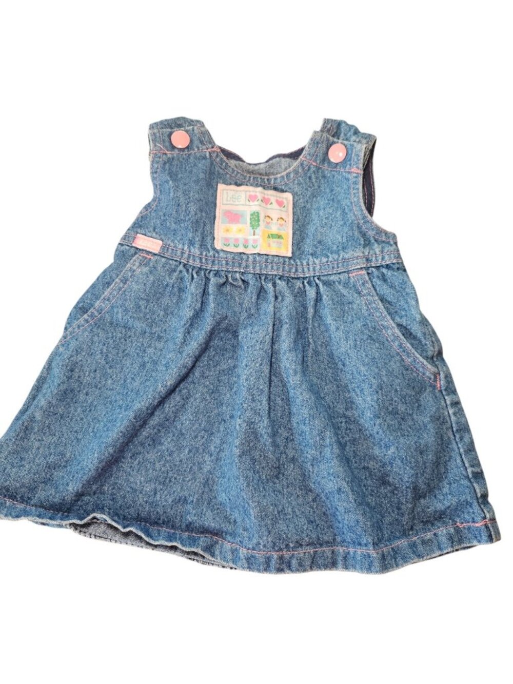 VTG Lee‎ Baby Girl 12 Month Denim Jumper Dress Farm Country Hearts Flowers Retro